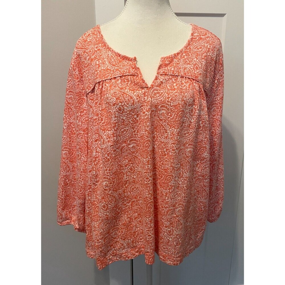 LANDS END Womens Knit TOP 3/4 Sleeve PEACH/Orange White PAISLEY Size XL 18